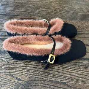 Black Faux Fur Mary Jane Flats EU 39 US 8.5 Square Toe